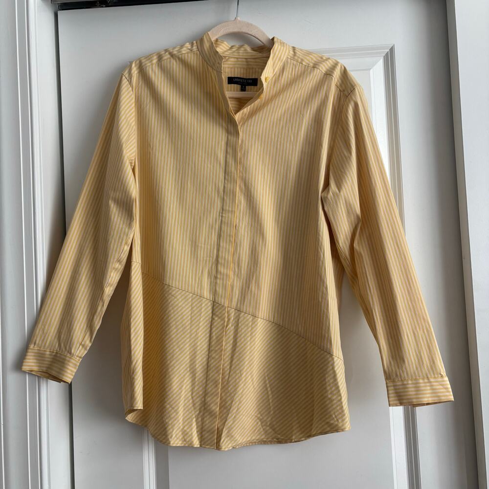 Lafayette 148 New York Yellow Stripe Poplin Tunic Shirt Blouse Stand Collar Sz S